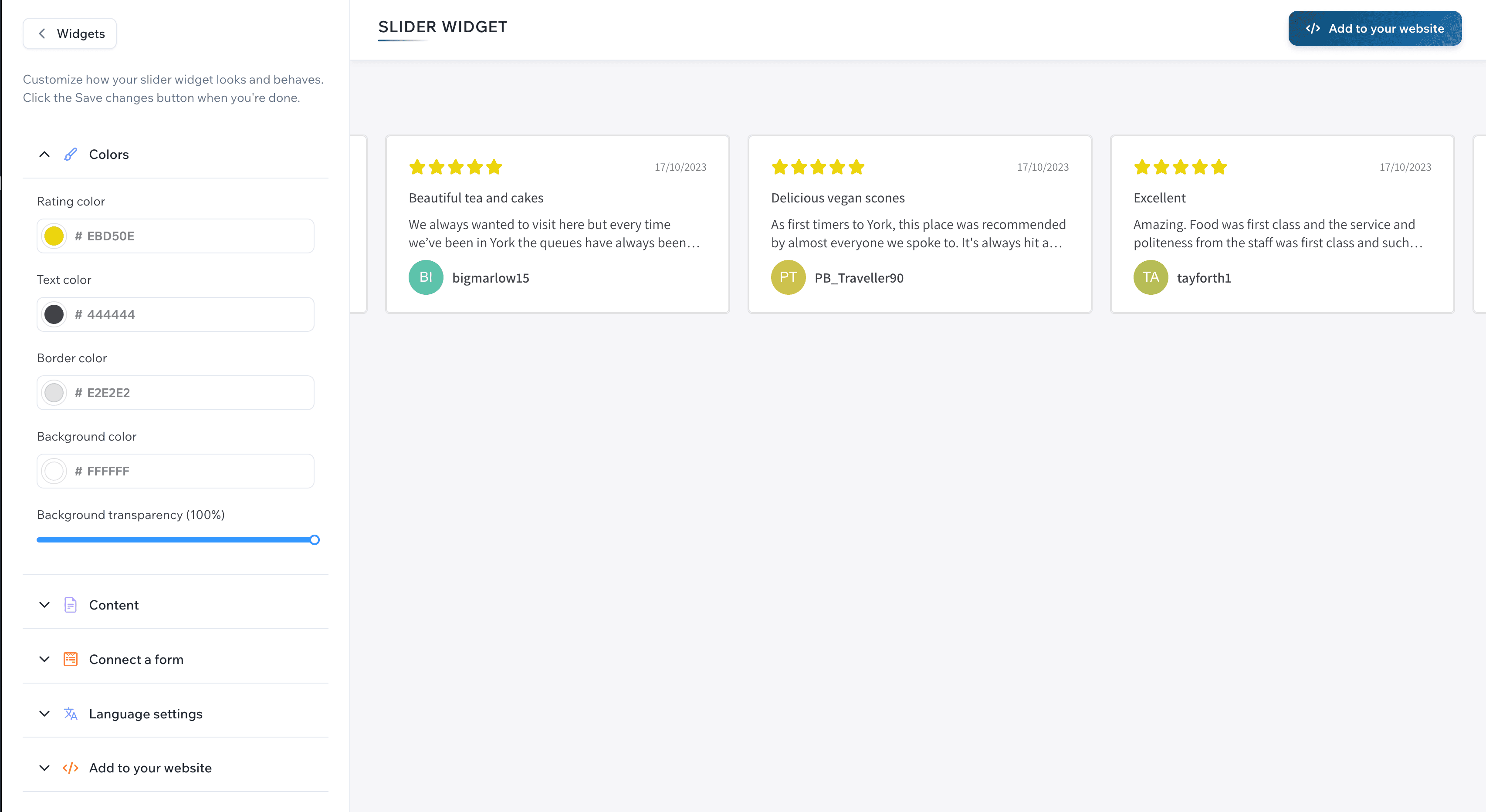 ReviewsJet Slider widget settings page