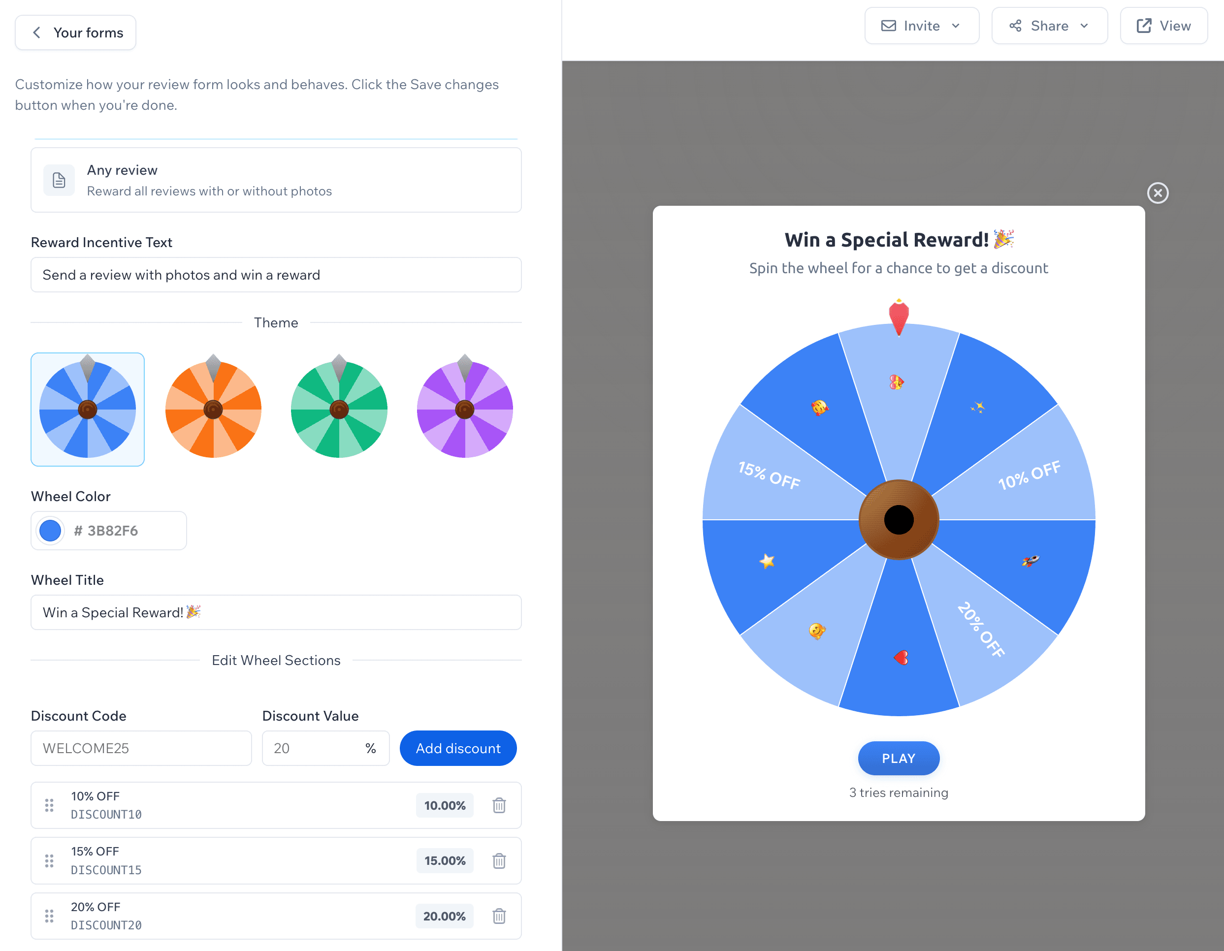 ReviewsJet spin wheel settings