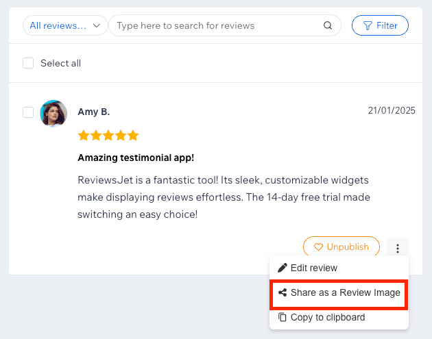 Share a review on ReviewsJet as a review image