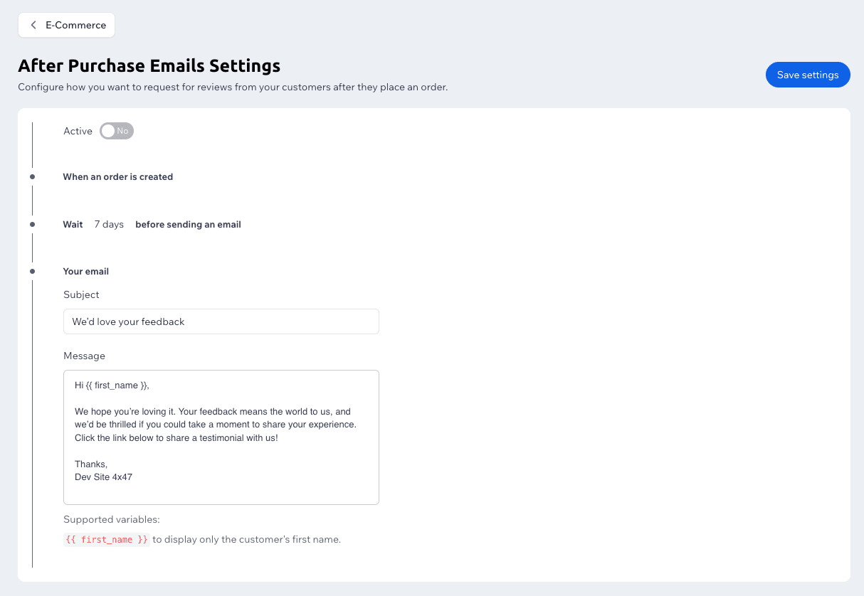 ReviewsJet After Purchase Email Settings